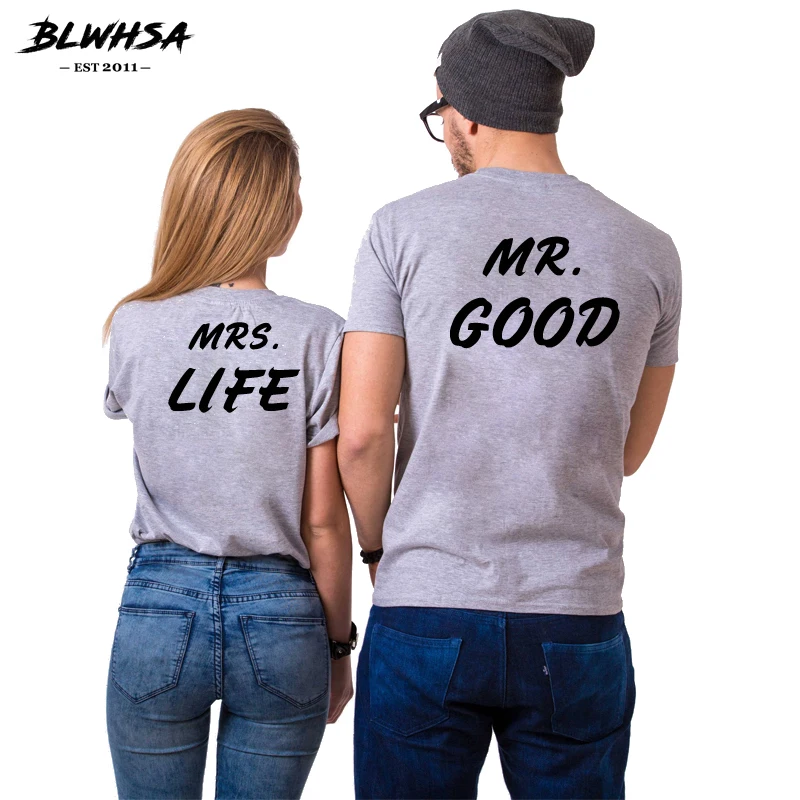Парные футболки BLWHSA с надписью MR.GOOD MRS.LIFE хлопковые коротким рукавом и круглым