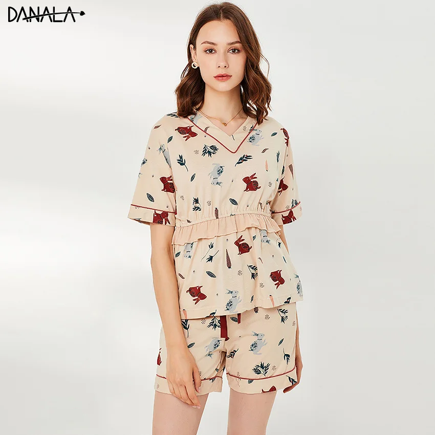 Женский пижамный комплект DANALA 100% хлопок с шортами летняя домашняя одежда |