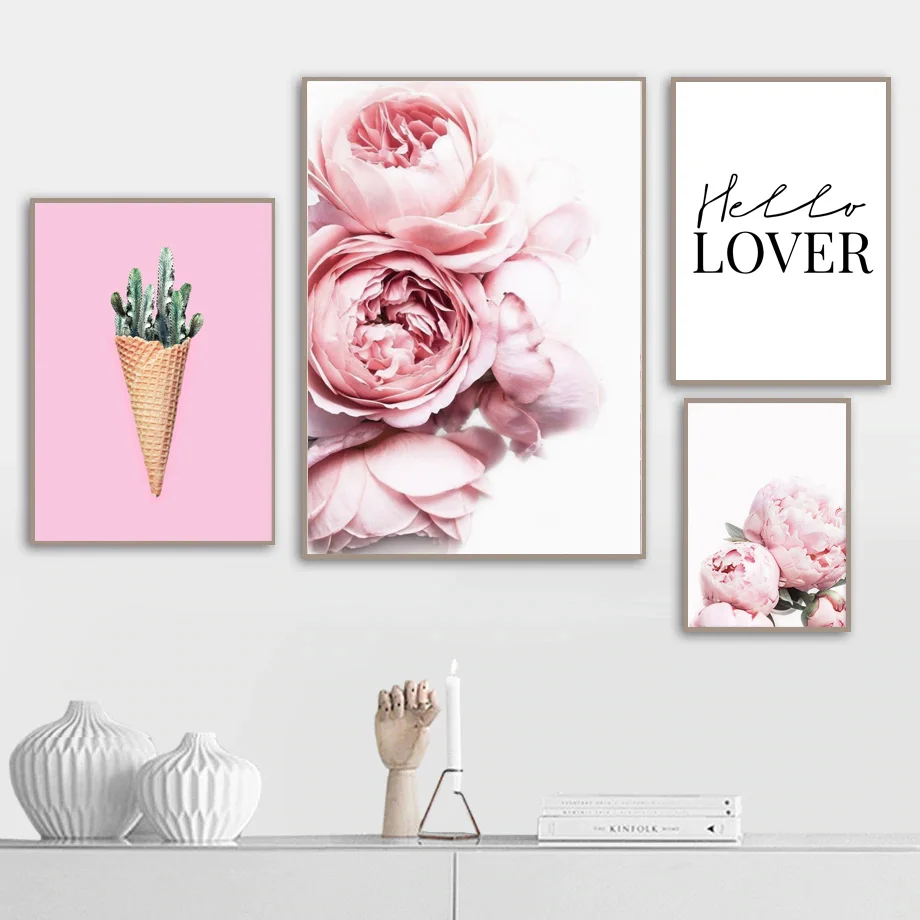 

Pink Rose Flower Green Cactus Love Quote Nordic Posters And Prints Wall Art Canvas Painting Wall Pictures For Living Room Decor