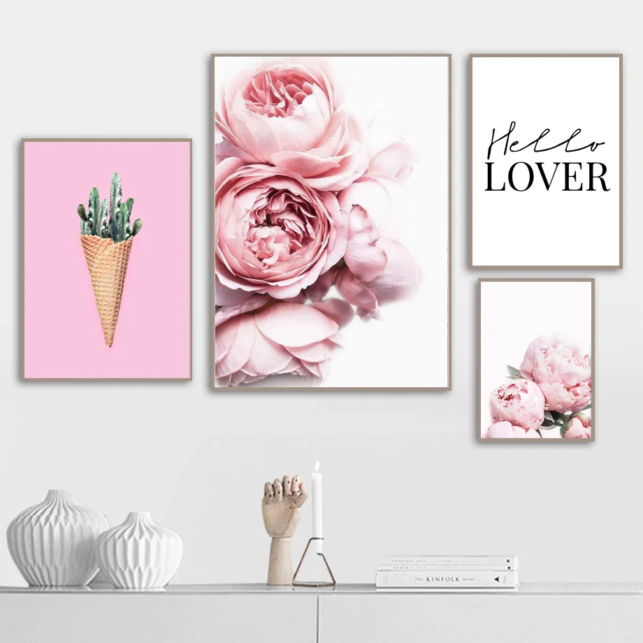 Фото Розовая роза цветок Зеленый Кактус любовь цитаты в скандинавском стиле плакаты и
