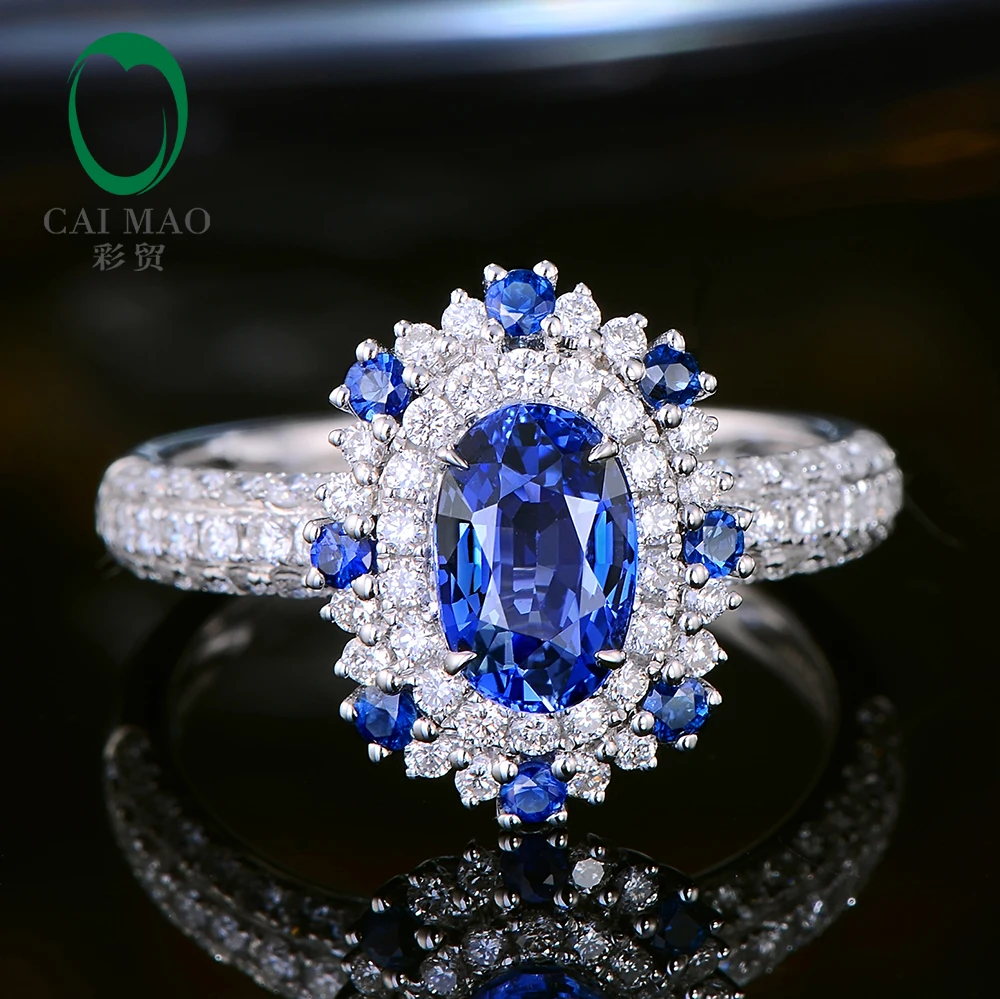 

CaiMao 1.57ct Natural Sapphire Ring with Halo Diamonds 18kt White Gold Engagement Wedding Jewelry