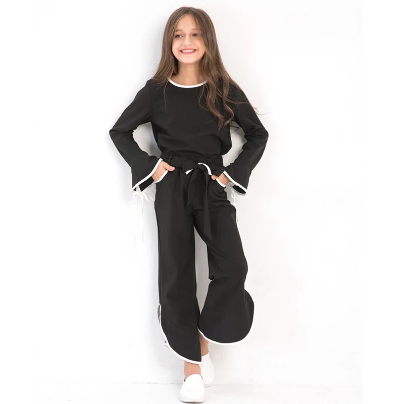 Осенний костюм для девочек черный топ с расклешенными рукавами шифоновый