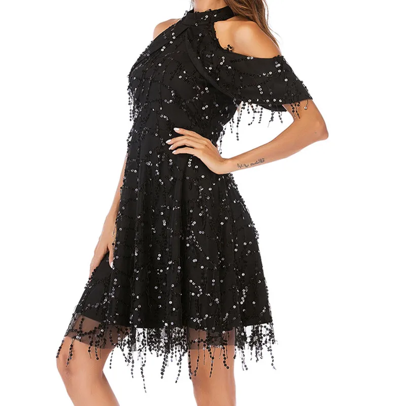 

2019 Women Sequined Tassel Ball Dress Luxury Sexy Cocktail Party Dress Short Sleeve Lady Elegant Black Lace vestidos