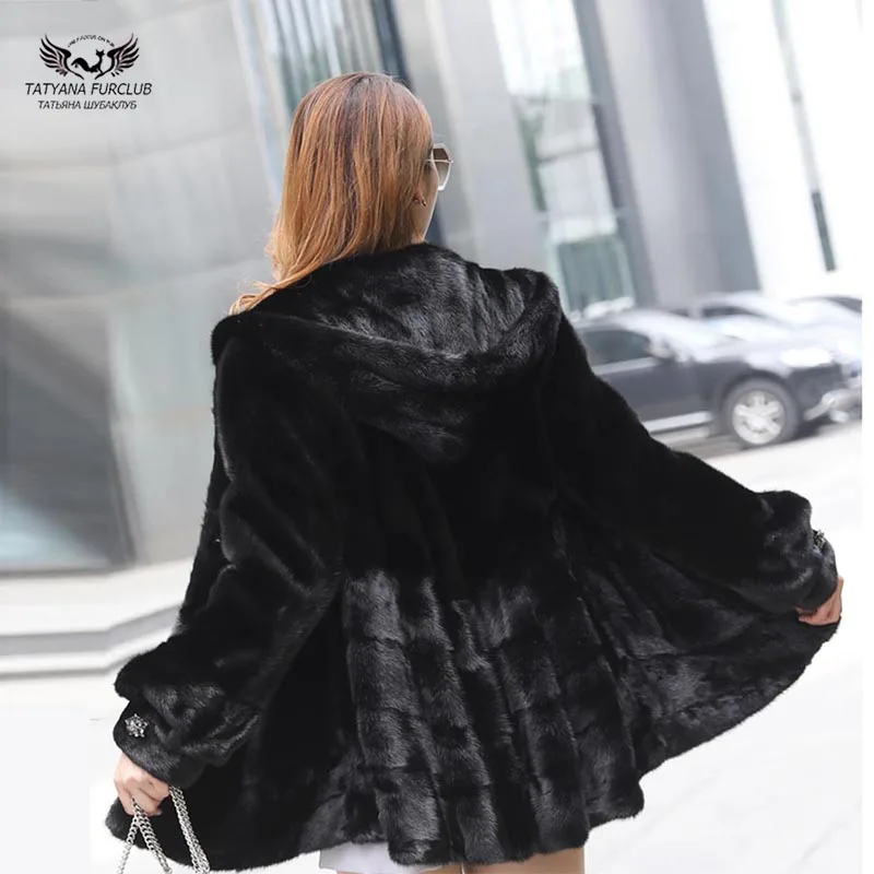 black with hood Tatyana furclub, настоящая шуба, Женская юбка, тонкая норковая шуба с меховым капюшоном, натуральная норковая шуба, натуральная Шуба, роскошные шубы - Цвет: black with hood
