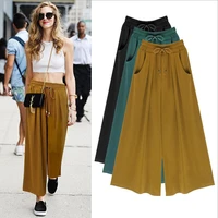 m 6xl plus size 2017 new casual women solid ankle length mid elastic waist pleated drawstring loose wide leg pants casual capris