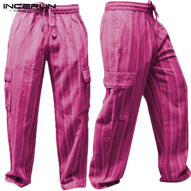 INCERUN, полосатые, 5XL, широкие, для мужчин, повседневные штаны, хлопок, свободные, для фитнеса, мешковатые, брюки-карго, с несколькими карманами, для бега, для отдыха