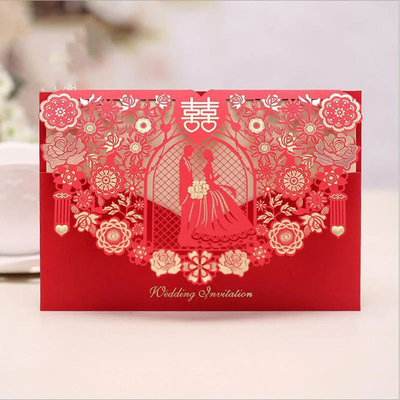 Red Cover insert 100pcs Gold Red White Laser Cut Wedding Invitations Card Bride and groom Greeting Cards Customize Wedding Party Favor Decoration - Цвет: Red Cover insert