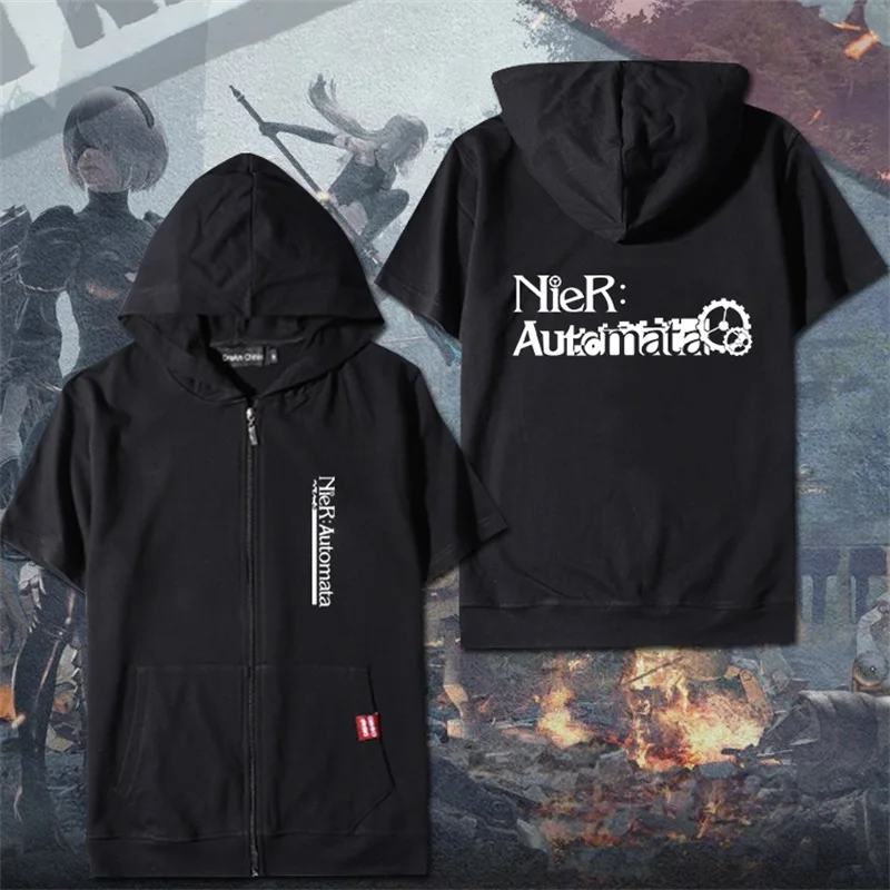 Аниме NieR: Automata 2B косплей, летняя футболка с коротким рукавом, футболки, топы для мужчин и женщин, на молнии, с капюшоном, Повседневная футболка, модная футболка