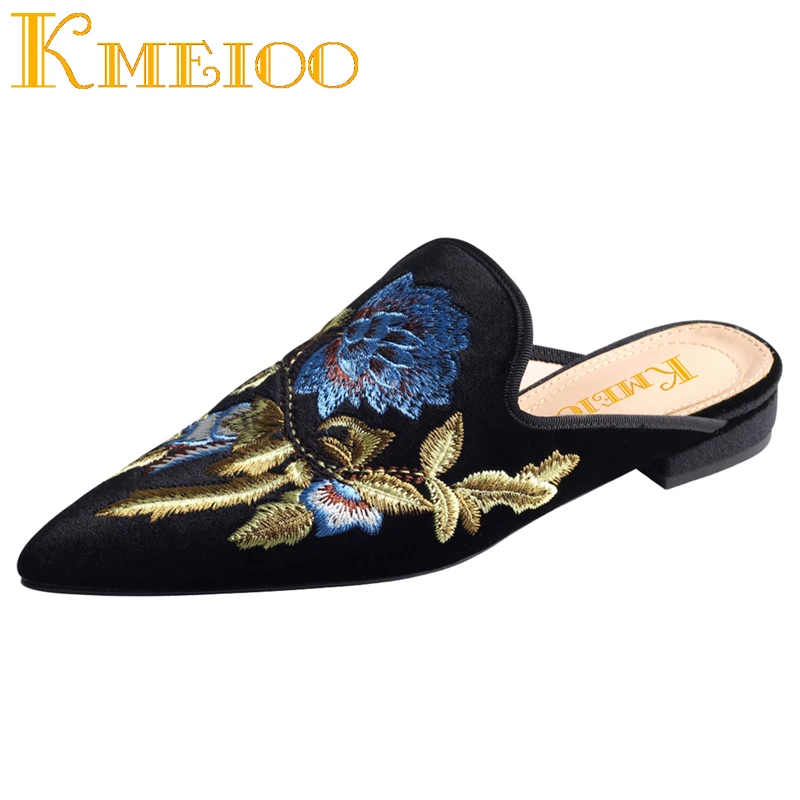 Женские туфли без задника Kmeioo модные с вышивкой на плоской подошве мюли сланцы
