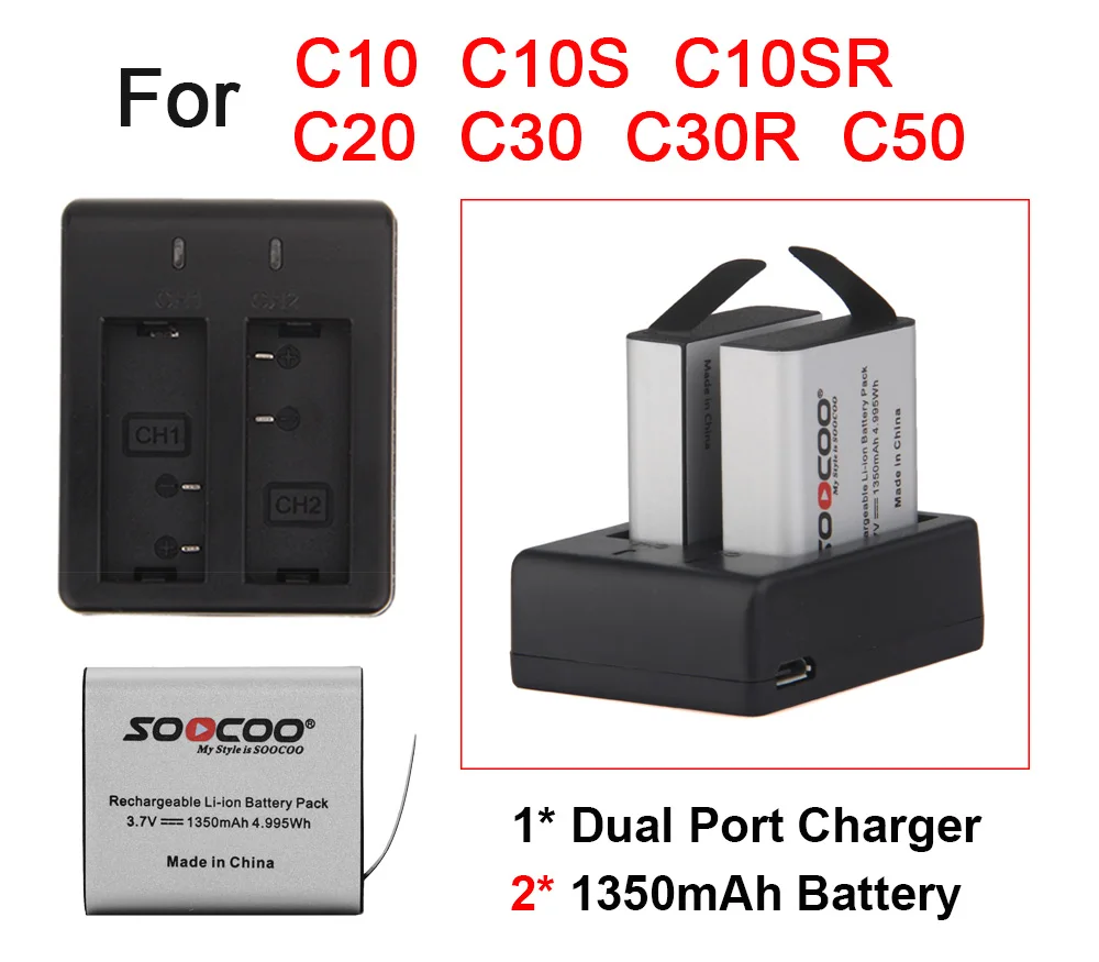 2 шт. оригинальный SOOCOO Батарея &amp двойной Зарядное устройство для C10 C10S C10SR C20 C30 C30R