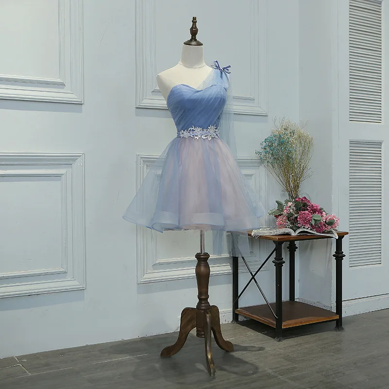 Simple One Shoulder Pleats Lace Up Vestidos De Festa Tulle Backless Mini Bridesmaid Dresses Sleeveless Party Gowns | Свадьбы и