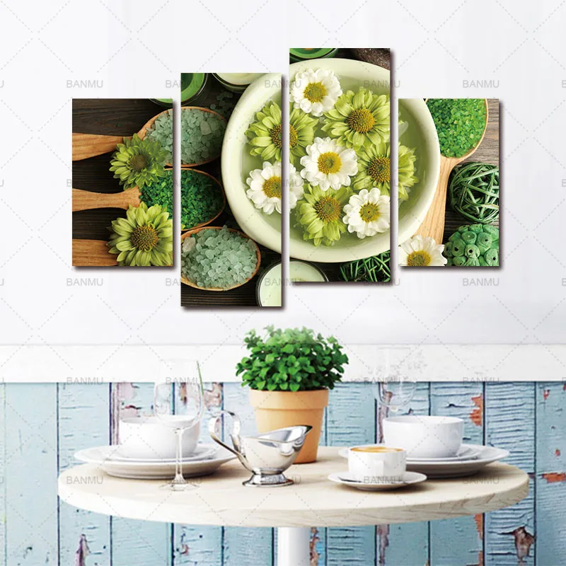 

Wall Decorations canvas Painting 4 Panels Unframed Canvas Photo Prints A Bowl of Beautiful Flowers and Some Wood Spoons