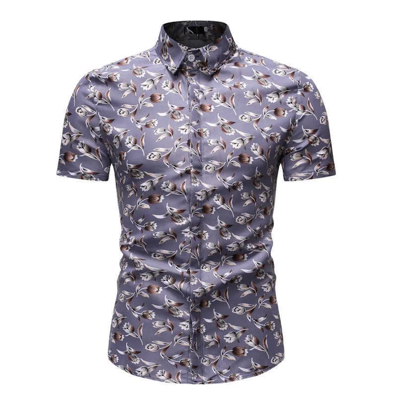 

2019 New Men's Slim fit Flower Printed Shirts Men Casual Short Sleeve Basic Shirt Tops Male Floral Print Beach Shirt M-3XL