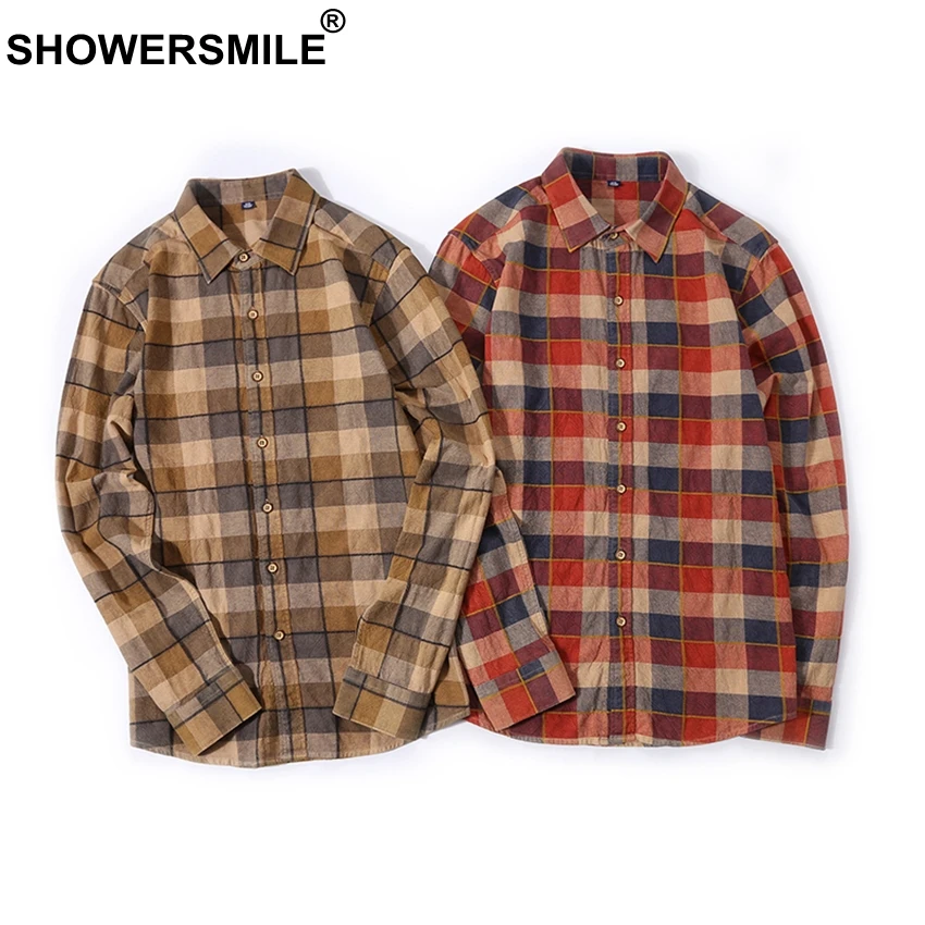 Рубашка SHOWERSMILE Мужская в клетку фланелевая Повседневная сорочка с длинным