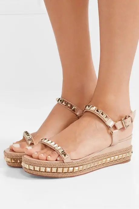 

Moraima Snc Gold Rivets Studded Woman Sandals Summer Open Toe Platform Wedge Shoes Nude Leather Ankle Strap Cutouts Dress Heels