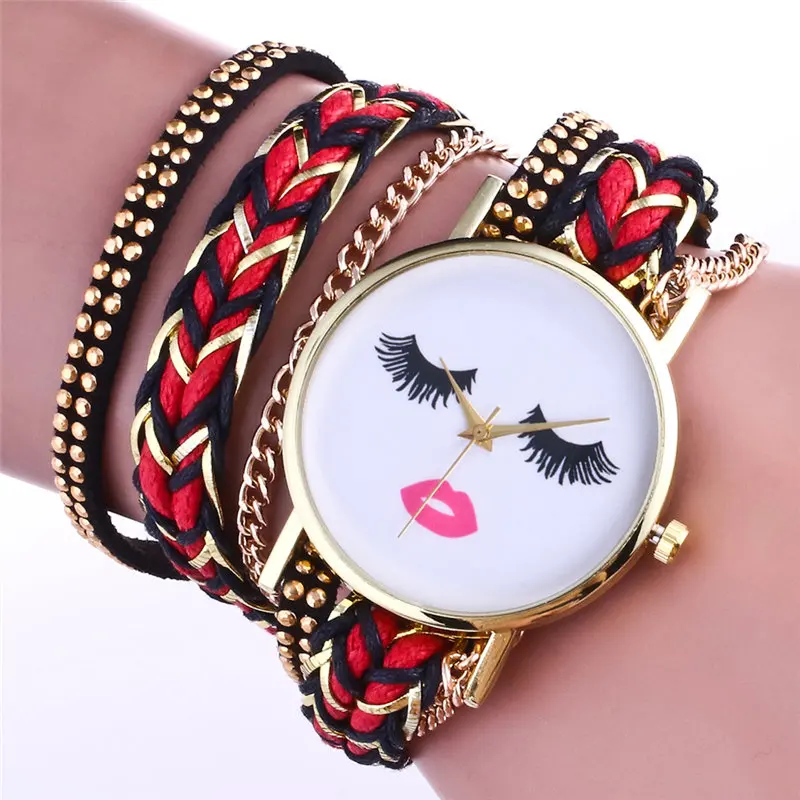 Модные Золотые женские часы браслет Заклёпки кожа сонные глаза красивые