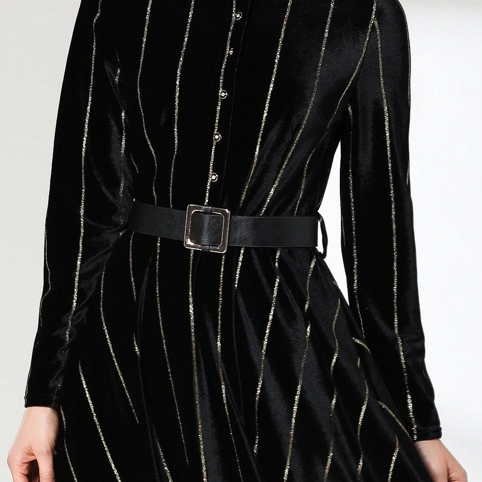 Shiny Gold Thread Striped Velvet Dress 2019 Winter Women Long Sleeve Thick Warm Female Vintage Velour Sashes | Женская одежда