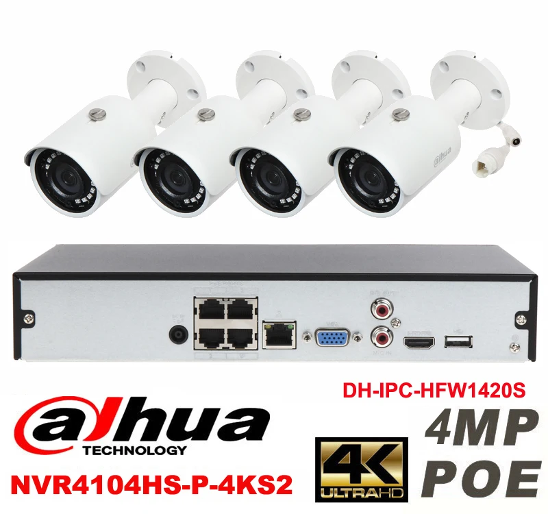 

Dahua original 4CH 4MP H2.64 DH-IPC-HFW1420S 4pcs Waterproof camera POE DAHUA DHI-NVR4104HS-P-4KS2 bullet IP security camera kit