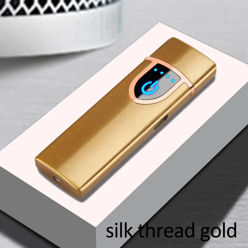 Электрическая Зажигалка из цинкового сплава, электронная, вольфрамовая, USB, перезаряжаемая, беспламенная, ветрозащитная, 1 шт., мужские принадлежности, сенсорный экран - Цвет: silk thread gold