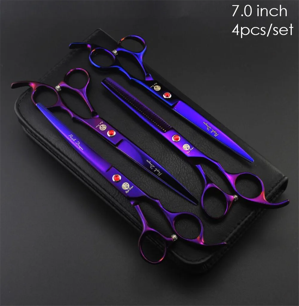 7 inch 4pcs set Фиолетовый дракон 7 дюймов 8 дюймов профессиональные ножницы для стрижки собак прямые и филировочные и изогнутые ножницы 4 шт./3 шт. набор стрижка для домашних животных инструменты - Цвет: 7 inch 4pcs set