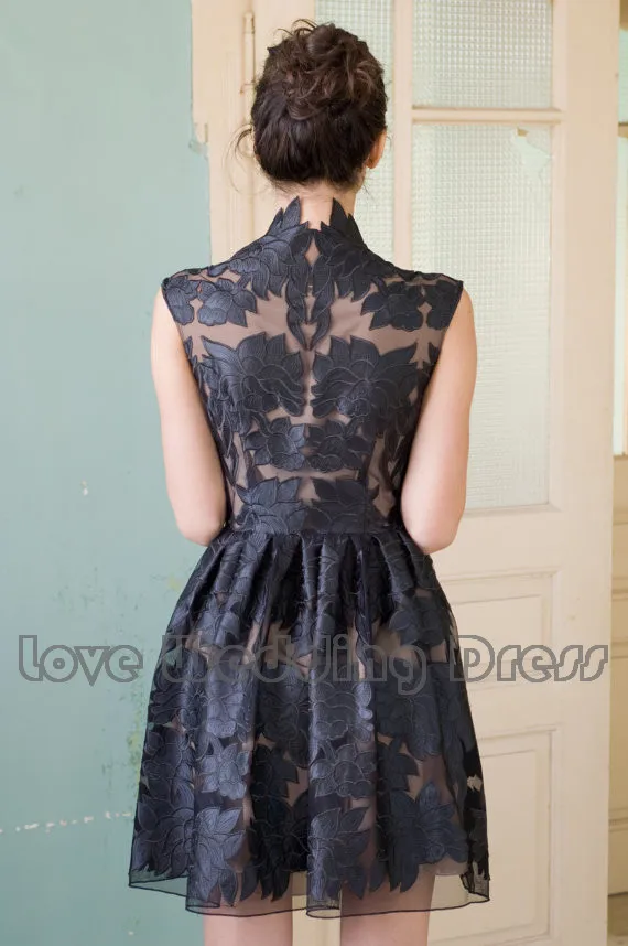 Черный Высокая Шея Короткие Пром Платье Из Органзы Аппликации Сексуальная