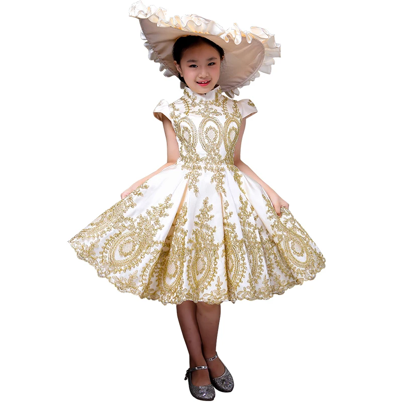 Детское платье в стиле барокко с аппликацией из белого золота коротким рукавом и