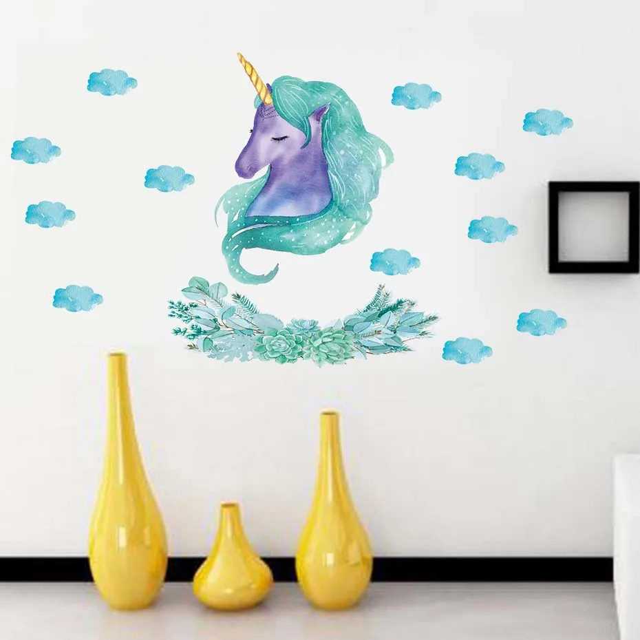 Прекрасные наклейки на стену из винила с милыми рисунками единорога и облака для декора в детских комнатах девочек.