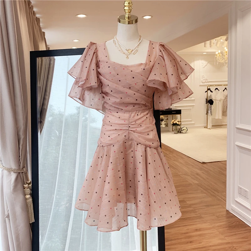 HIGH STREET Новая мода Дизайнер взлетно посадочной полосы платье Женская квадратный воротник в горошек с рукавом бабочкой