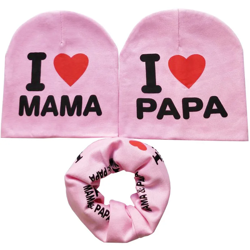 Pink 3pcs one set Детские шапки на весну и осень, детская трикотажная шапка, теплая хлопковая шапочка с принтом «I LOVE PAPA MAMA», детские шапки для девочек, шапки для мальчиков - Цвет: Pink 3pcs one set