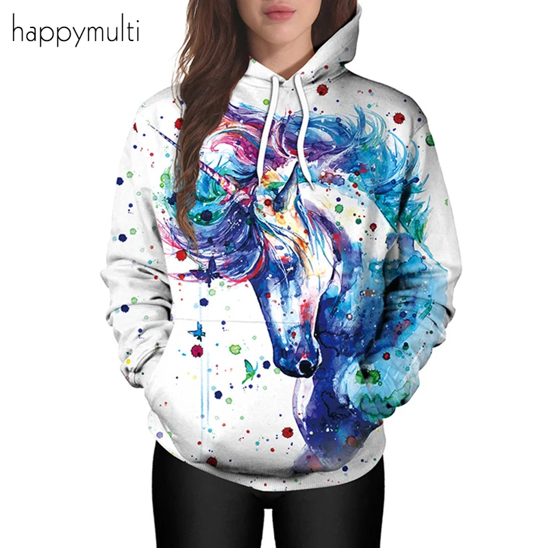Толстовки женские Happymulti повседневные Единорог Радужный Принт Свободные с
