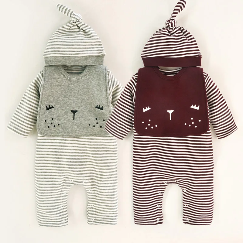 

Siyubebe Newborn Baby Boy Romper Sets Infant Bebe Cotton Striped Long Sleeve Ropa Baby Girl Jumpsuit+Hat+Bibs 3Pcs Set Clothes