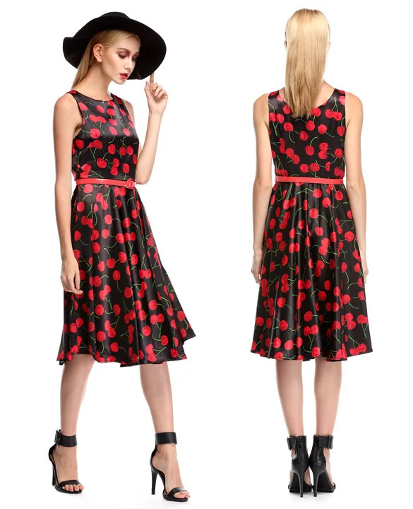 Новая мода 2018 платье Для женщин Винтаж вишня с принтом рукавов плиссированные