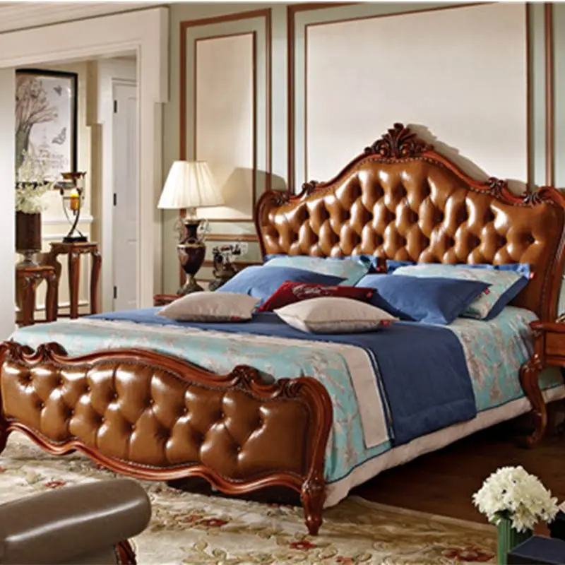 Американский Классический стиль резная твердая деревянная двуспальная кровать