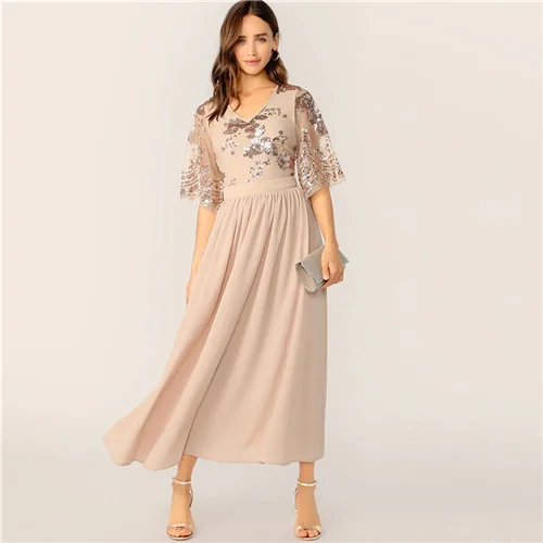 COLROVIE Apricot V Neck Contrast Sequin Mesh Sleeve Flare Party Long Dress Women Summer High Waist Office Ladies Dresses - Цвет: Apricot