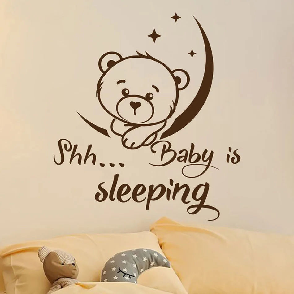 

Shh Baby Is Sleeping Moon And Stars Vinyl Wall Stickers Cute Bear Kids Room Decoration Nursery Bedroom Decor