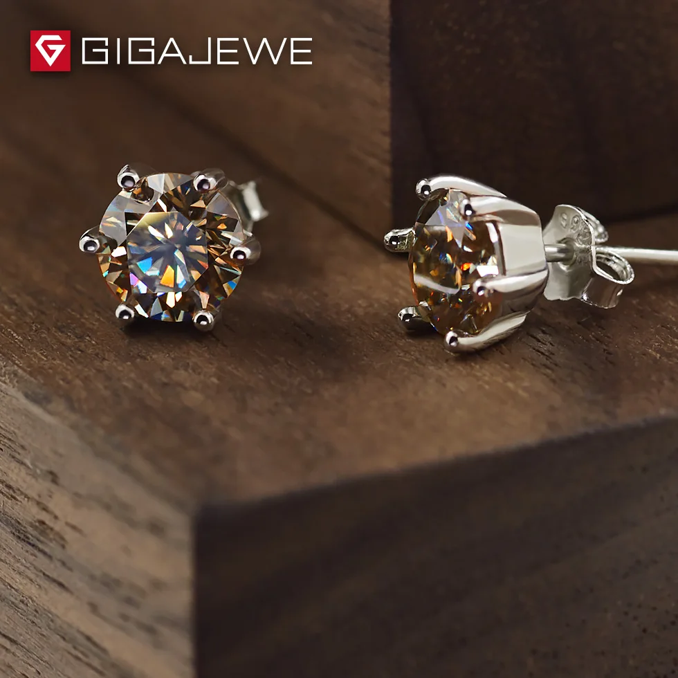 GIGAJEWE Муассанит Золотая круглая огранка общая 1.6ct выращенные лабораторно алмазы 6 зубцов Серебряные серьги Модные украшения подарок девушке