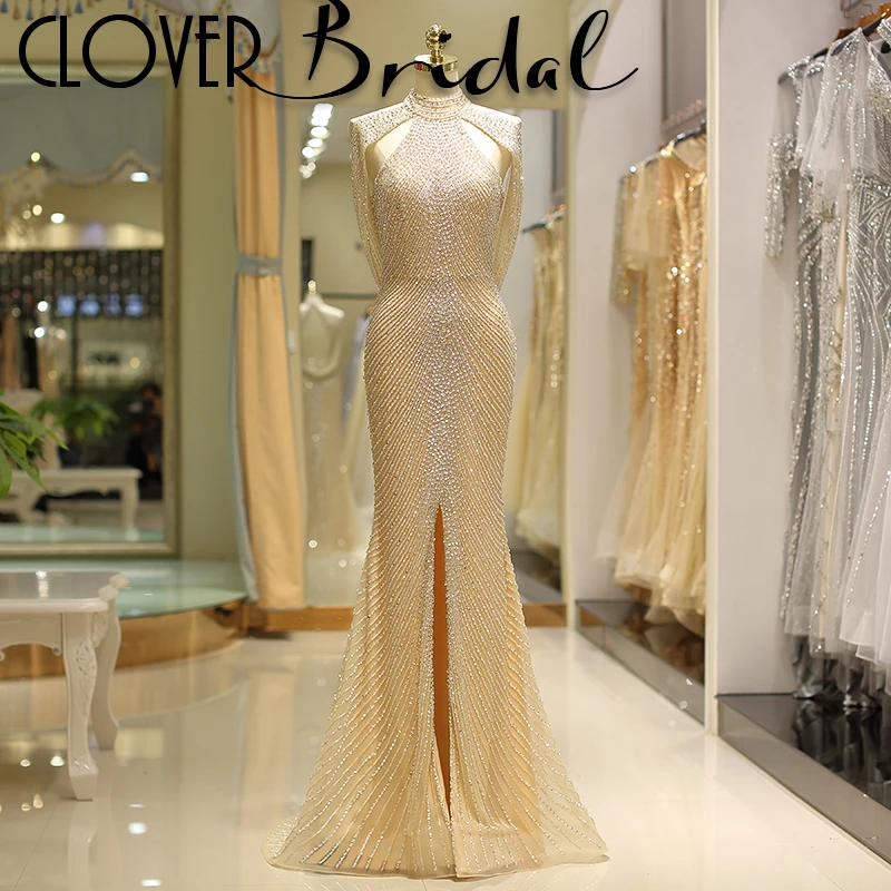 

CloverBridal luxury sequins beaded high front slit mermaid sexy champagne long prom dresses 2019 backless halter tulle dress