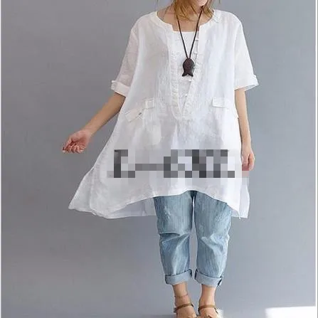 Блузка женская льняная с полурукавами 5XL 6XL J705|linen blouse|blouses and shirtslong shirt |