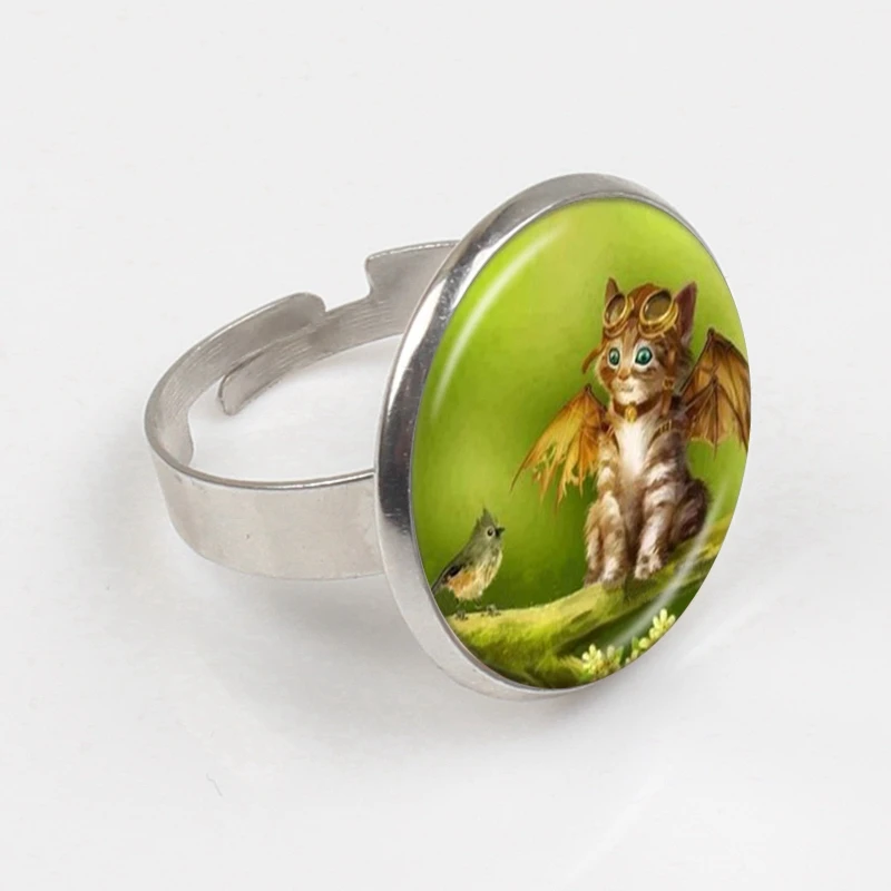 Cute Grey Fairy Cat Photo Ring Angel Wing Kitten Jewelry Animal Sweater Glass Dome Jewellery | Украшения и аксессуары