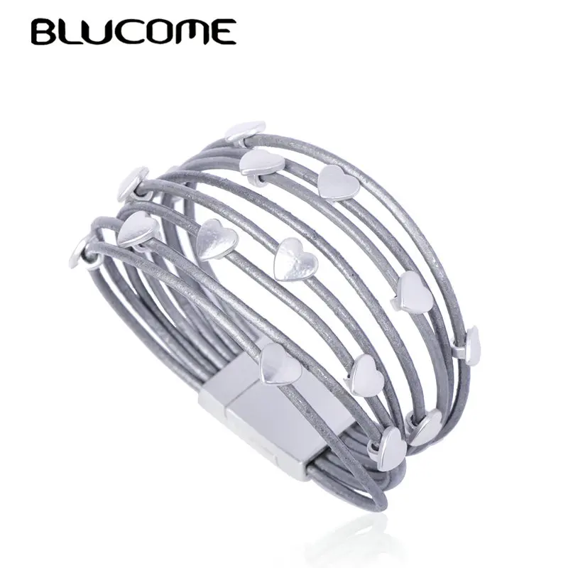 Blucome модный Многослойный кожаный браслет в форме сердца, магнитная застежка, браслеты, аксессуары для женщин и мужчин, вечерние ювелирные изделия на каждый день