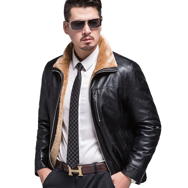 Мужская кожаная куртка зимняя деловая черная теплая с воротником стойкой M