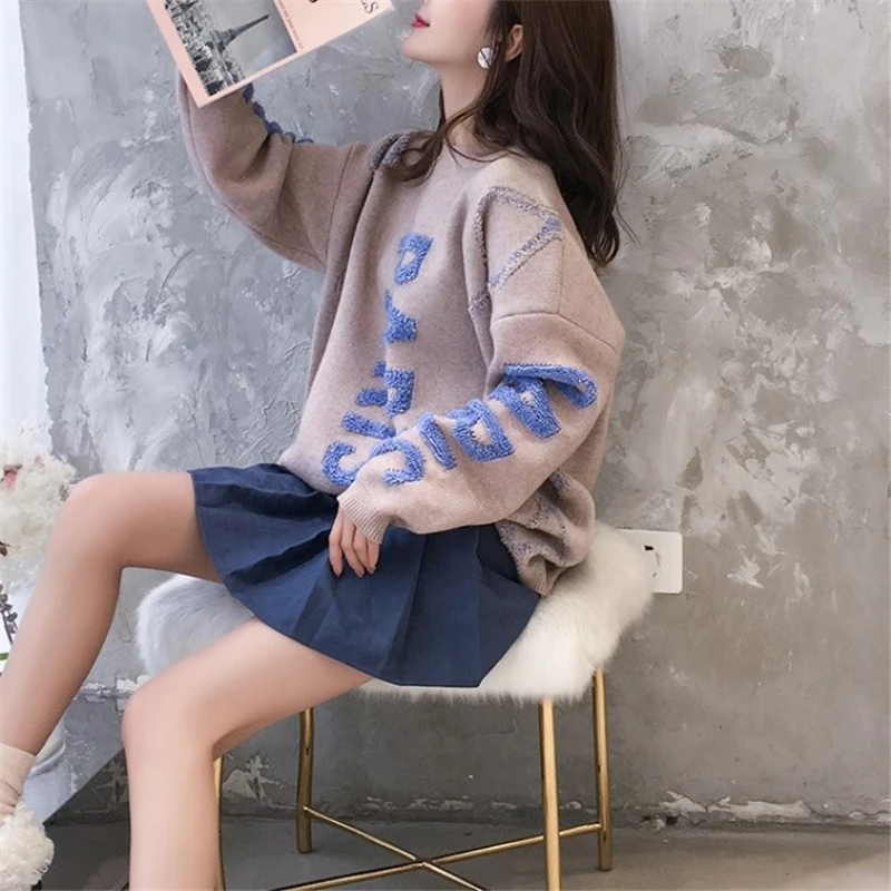 Fashion Women Pullover 2020 Autumn/Winter New Letter Words Sleeves Sweater Loose Knit Thick O-neck Basic/Outwear Khaki Blue | Женская