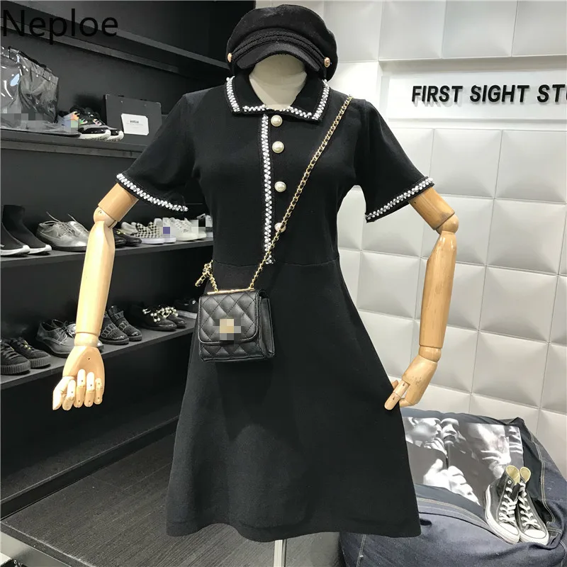Neploe повседневное черное платье женское свежее Trurn вниз воротник короткий рукав