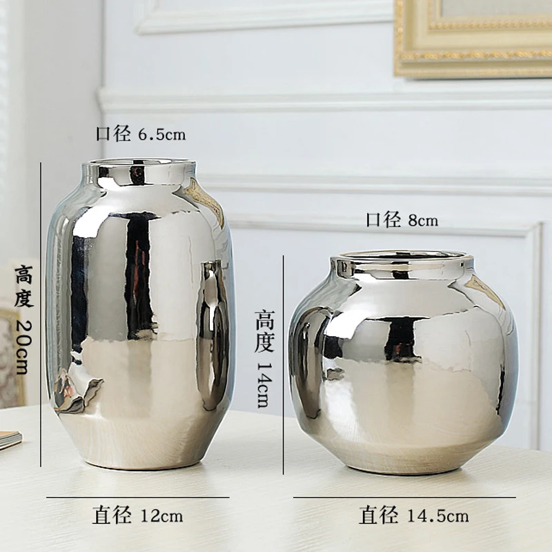 

Europe Electroplate Silver Ceramic Vase Flower Arrangement Artwork Vases tabletop cylinder large vase Home Decoration Vase