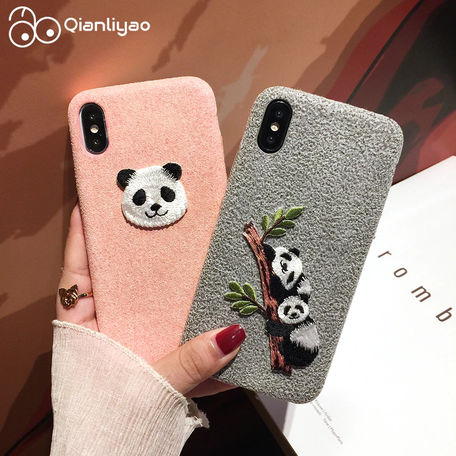 Qianliyao милый чехол для телефона с 3D вышитой пандой iPhone 6 6S 8 7 Plus 11 Pro Max X XS XR мягкая
