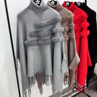new fashion autumn and winter women high collar real rabbit fur cloak pullover lady bat sleeves tassel poncho sweater knitwear