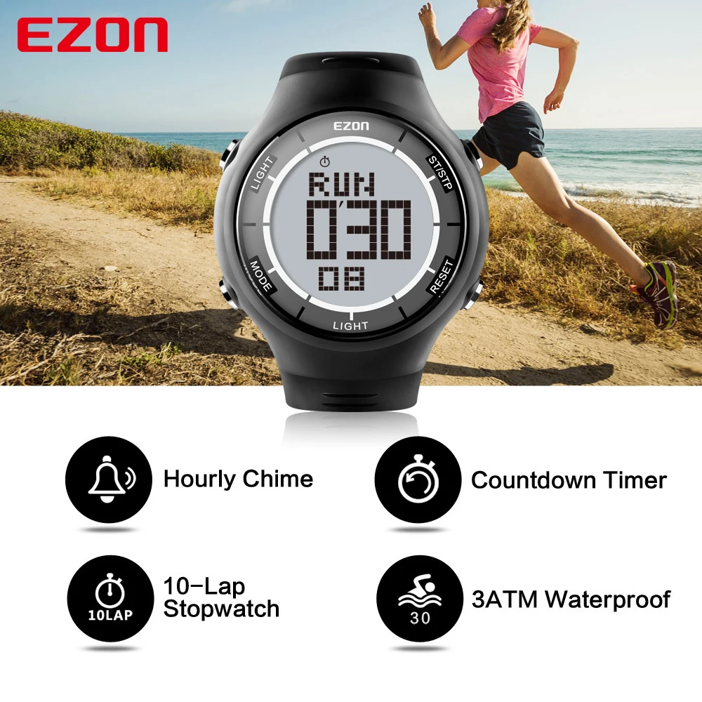 Цифровые уличные спортивные часы Runnin для мужчин и женщин водонепроницаемые 30 М часы будильник многофункциональные наручные часы EZON L008