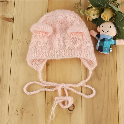 Pink Для новорожденных, мохер уха шапочка с медвежьими ушками, капота Детские Подставки для фотографий Кепки Gorro, защищающая малыша от солнца и Bebe Комплект вязаная шапка+ шарф ручной работы аксессуары для фотостудии - Цвет: Pink