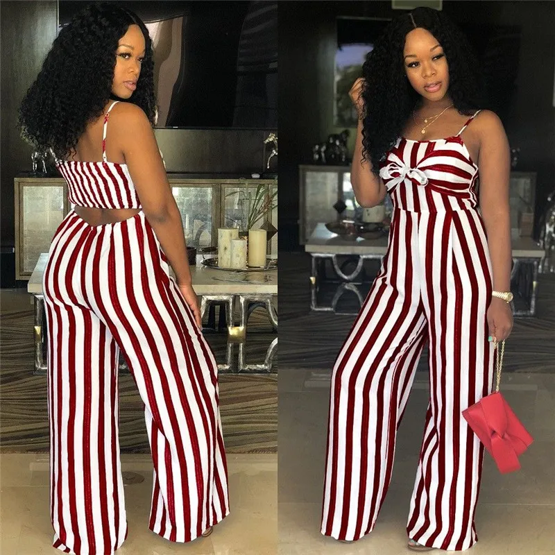 Стильный женский комбинезон в полоску с бантом 2018 сексуальный без рукавов на