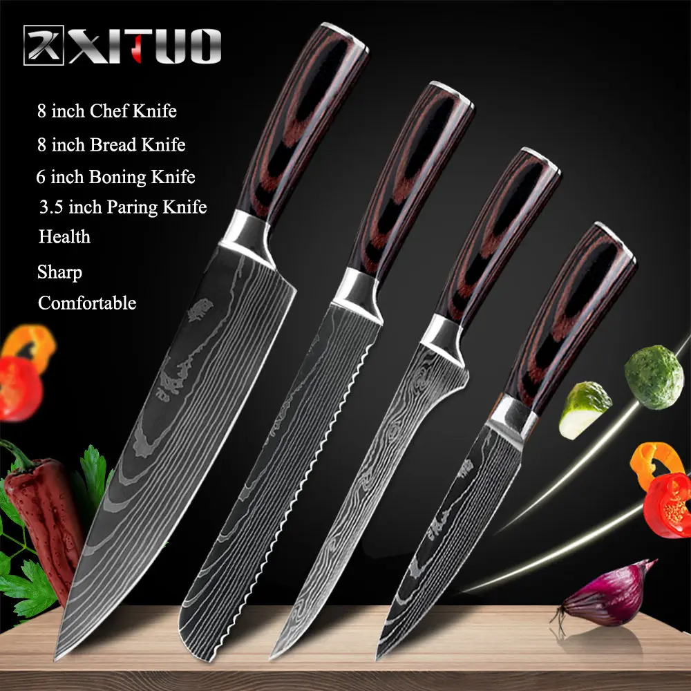 4 PCS Value set 02 XITUO 8 дюймов японские кухонные ножи лазерный дамасский узор нож шеф-повара острый Santoku Кливер нож для нарезки нож инструмент EDC - Цвет: 4 PCS Value set 02